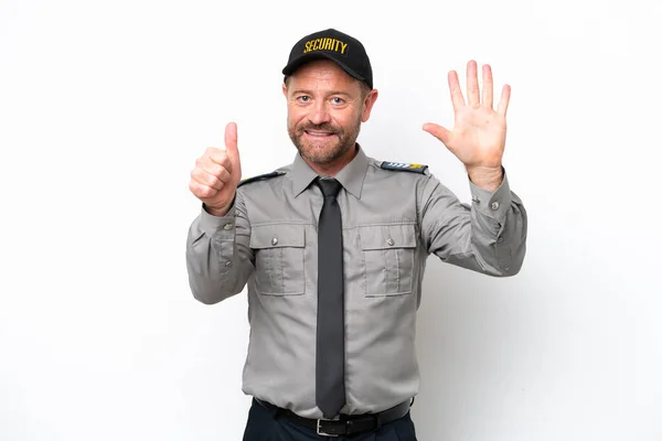 Middle Age Security Man Isolated White Background Counting Six Fingers — Fotografia de Stock