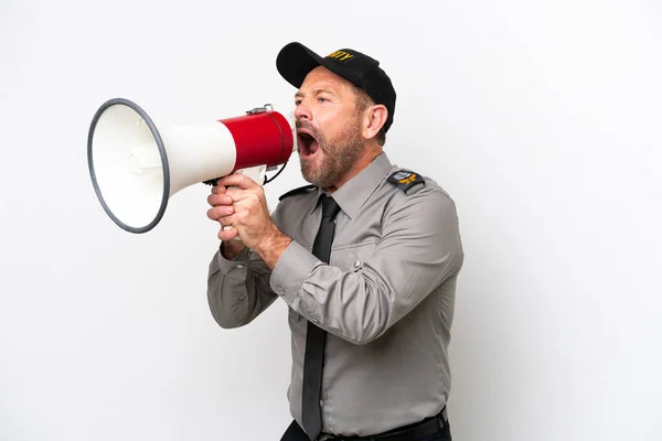 Middle Age Security Man Isolated White Background Shouting Megaphone — стоковое фото