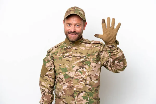 Militaire Man Geïsoleerd Witte Achtergrond Tellen Vijf Met Vingers — Stockfoto