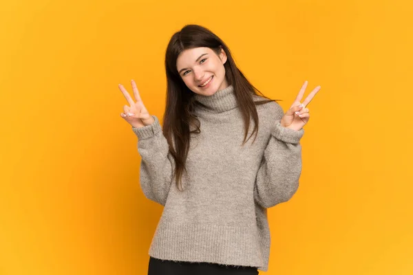 Young Ukrainian Girl Isolated Yellow Background Showing Victory Sign Both — Stock fotografie