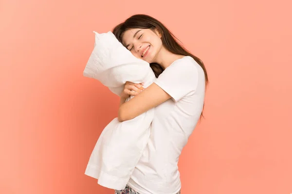 Young Ukrainian Girl Isolated Pink Background Pajamas Holding Pillow Happy — Stock Photo, Image