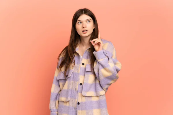 Young Ukrainian Girl Isolated Pink Background Thinking Idea Pointing Finger — Stock Photo, Image