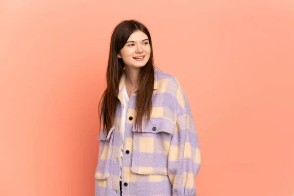 Young Ukrainian Girl Isolated Pink Background Looking Side Smiling — Stock Photo, Image