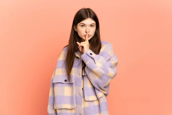 Young Ukrainian Girl Isolated Pink Background Showing Sign Silence Gesture — Stock Photo, Image