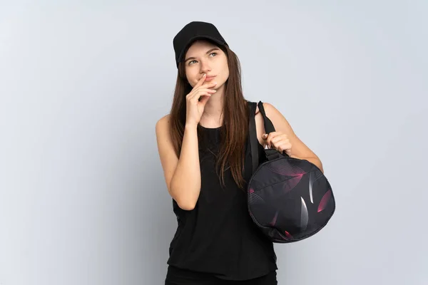 Young Ukrainian Sport Girl Sport Bag Isolated Grey Background Having — Stok fotoğraf