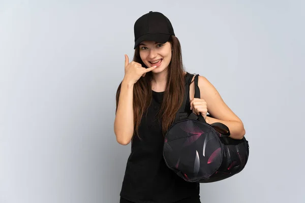 Young Ukrainian Sport Girl Sport Bag Isolated Grey Background Making —  Fotos de Stock