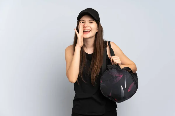 Young Ukrainian Sport Girl Sport Bag Isolated Grey Background Shouting — Stok fotoğraf