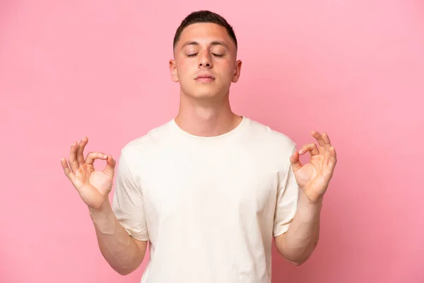 Young Brazilian Man Isolated Pink Background Zen Pose — Stock Photo, Image