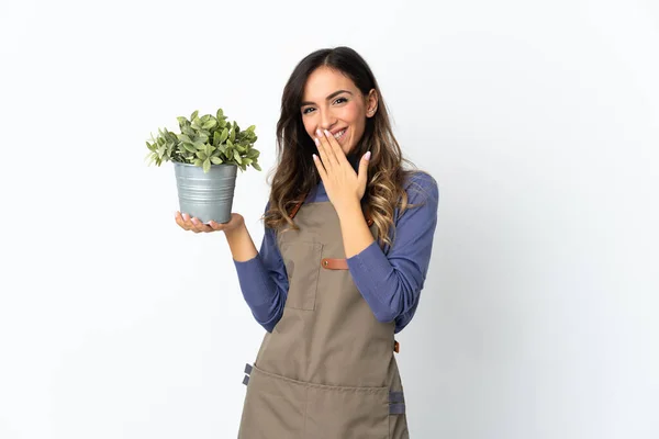 Kertész Lány Gazdaság Egy Növény Elszigetelt Fehér Háttér Boldog Mosolygós — Stock Fotó