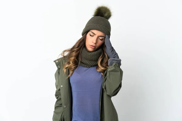 Young Girl Winter Hat Isolated White Background Headache — Fotografia de Stock