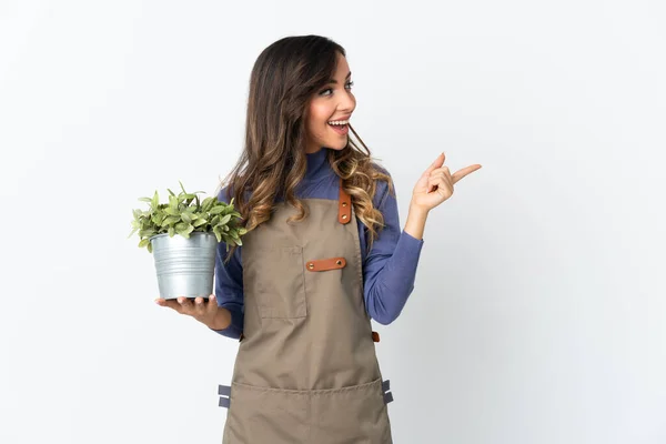 Gardener Girl Holding Plant Isolated White Background Intending Realizes Solution — Stockfoto
