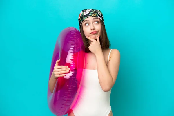 Young Ukrainian Woman Holding Air Mattress Isolated Blue Background Having — ストック写真