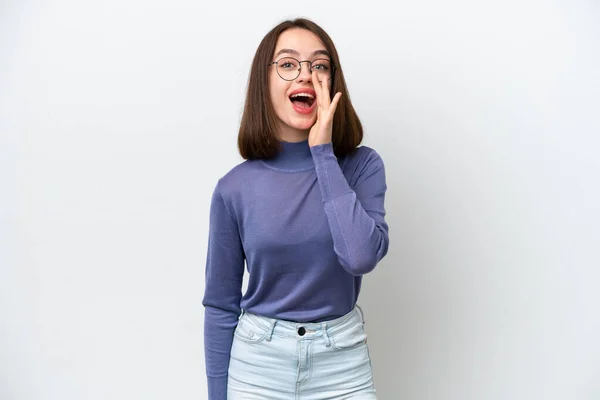 Young Ukrainian Woman Isolated White Background Shouting Mouth Wide Open — Stock Photo, Image