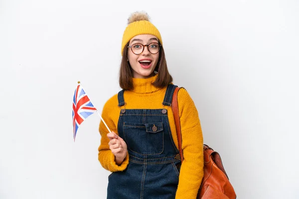 Young Ukrainian Woman Holding United Kingdom Flag Isolated White Background — Stock Photo, Image