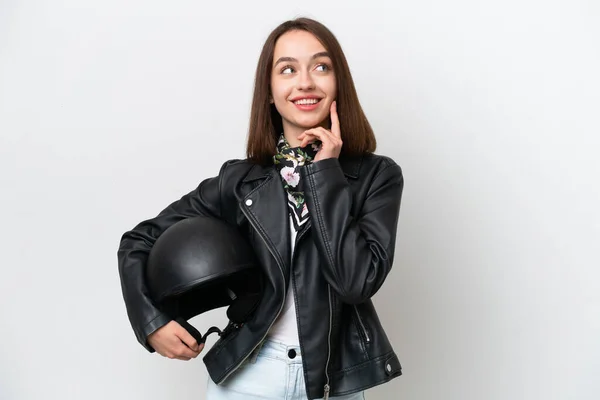 Mujer Ucraniana Joven Con Casco Motocicleta Aislado Sobre Fondo Blanco —  Fotos de Stock