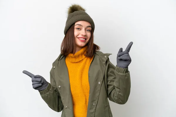 Young Ukrainian Woman Wearing Winter Jacket Isolated White Background Pointing — Stock Photo, Image