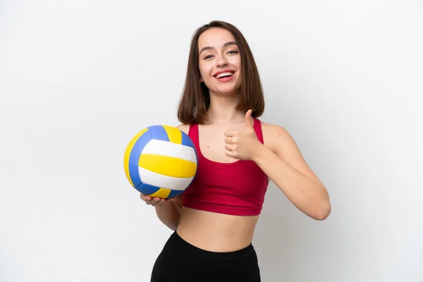 Junge Ukrainerin Spielt Auf Weißem Hintergrund Isoliert Volleyball Und Zeigt — Stockfoto