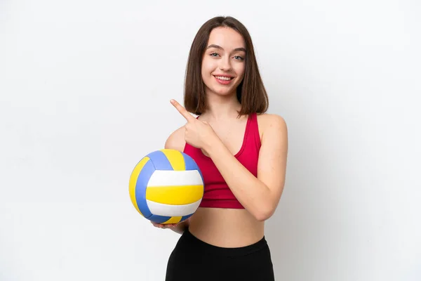 Jeune Femme Ukrainienne Jouant Volley Isolé Sur Fond Blanc Pointant — Photo