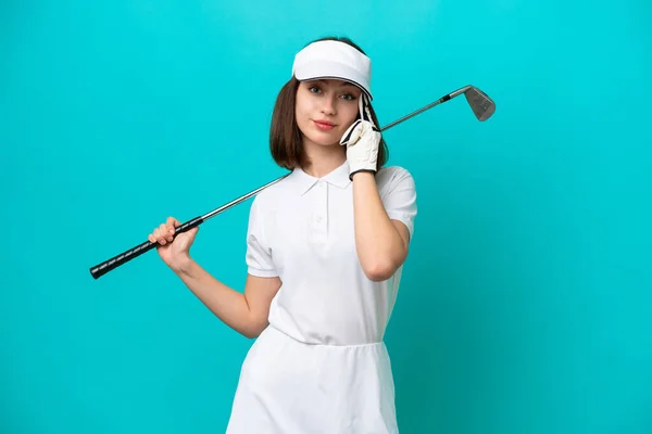 Jovem Jogador Ucraniano Golfista Mulher Isolada Fundo Azul Pensando Uma — Fotografia de Stock