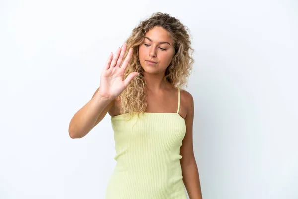 Girl Curly Hair Isolated White Background Making Stop Gesture Disappointed — Stock Photo, Image