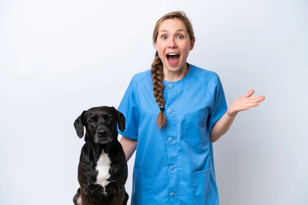 Young Veterinarian Woman Dog Isolated White Background Shocked Facial Expression — Stock Photo, Image
