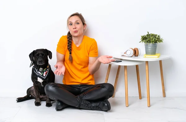 Young Caucasian Woman Sitting Floor His Puppy Isolated White Background — Fotografia de Stock