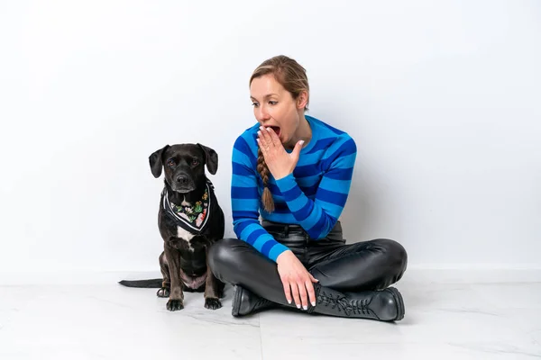 Young Caucasian Woman Sitting Floor His Puppy Isolated White Background — Zdjęcie stockowe