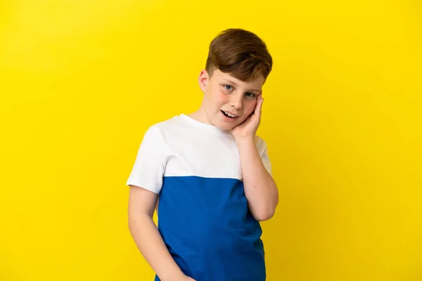 Little Redhead Boy Isolated Yellow Background Surprise Shocked Facial Expression — Photo