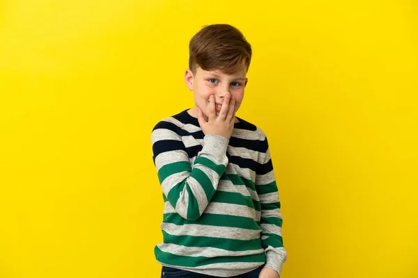 Little Redhead Boy Isolated Yellow Background Happy Smiling Covering Mouth — Stockfoto