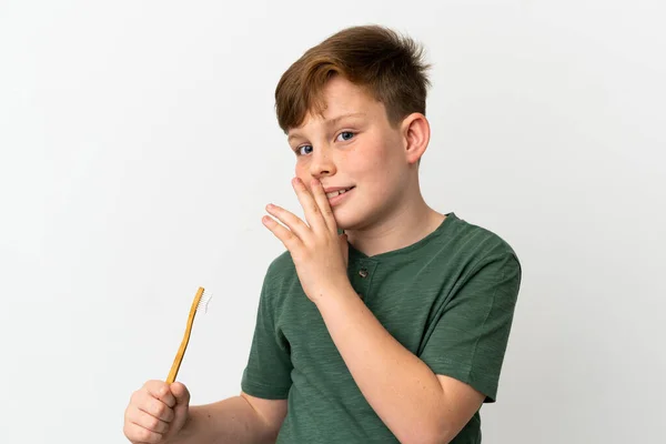 Little Redhead Boy Holding Toothbrush Isolated White Background Whispering Something —  Fotos de Stock