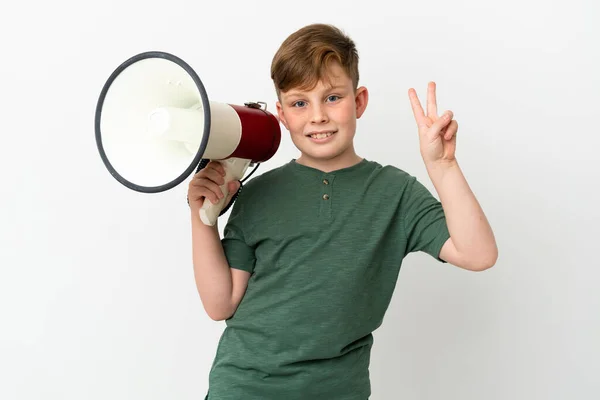 Little Redhead Boy Isolated White Background Holding Megaphone Smiling Showing — 图库照片