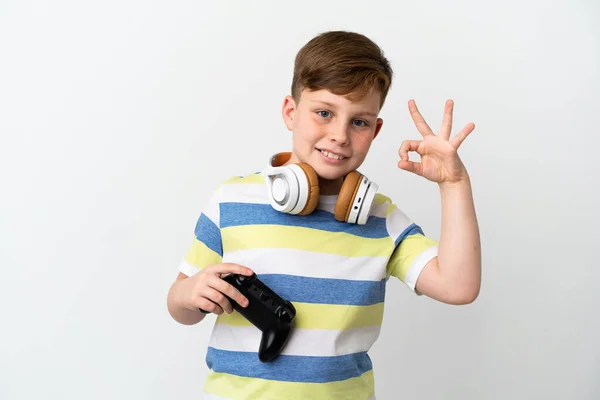 Little Redhead Boy Holding Game Pad Isolated White Background Showing — Stockfoto