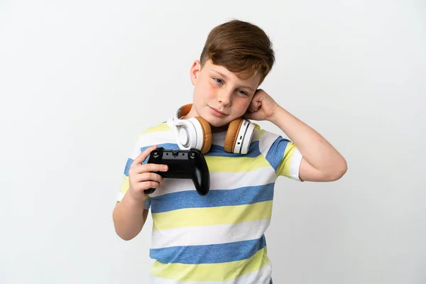 Little Redhead Boy Holding Game Pad Isolated White Background Frustrated — Foto Stock