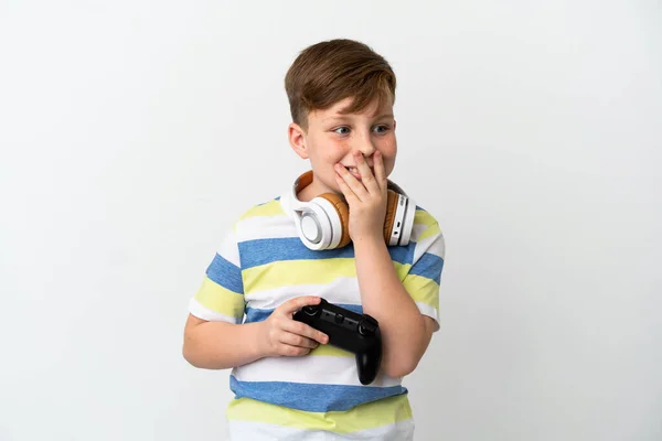 Little Redhead Boy Holding Game Pad Isolated White Background Happy — Stockfoto