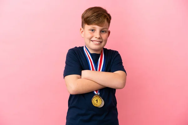 Little Redhead Boy Medals Isolated Pink Background Smiling Lot — ストック写真
