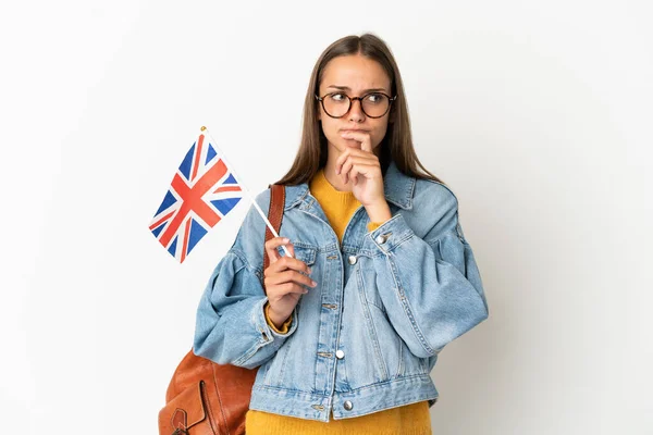 Young Hispanic Woman Holding United Kingdom Flag Isolated White Background — Stock Photo, Image