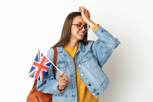 Young Hispanic Woman Holding United Kingdom Flag Isolated White Background — 스톡 사진