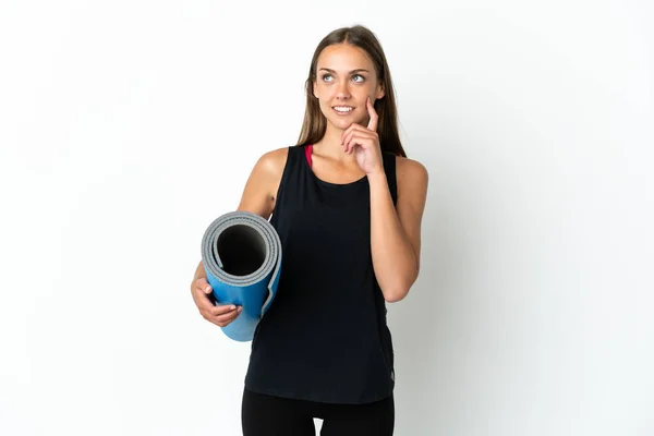 Sport Woman Going Yoga Classes While Holding Mat Isolated White —  Fotos de Stock