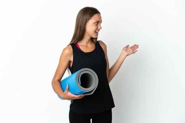 Sport Woman Going Yoga Classes While Holding Mat Isolated White — Stock Fotó