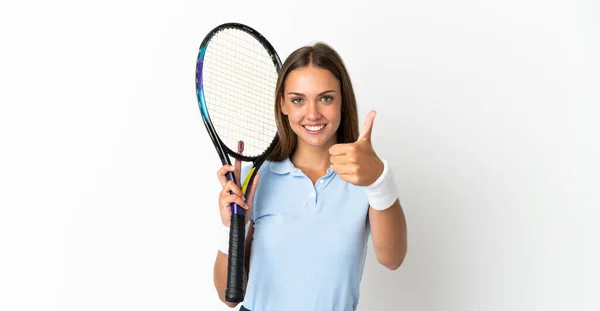 Young Woman Isolated White Background Playing Tennis Thumb — стоковое фото