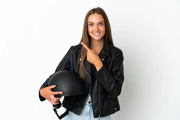 Mulher Com Capacete Motocicleta Sobre Fundo Branco Isolado Apontando Para — Fotografia de Stock