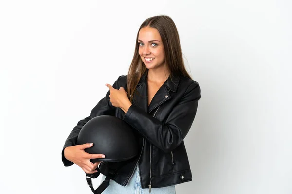 Woman Motorcycle Helmet Isolated White Background Pointing Back — ストック写真