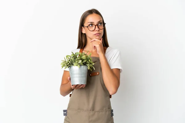 Gardener Girl Holding Plant Isolated White Background Having Doubts — Photo