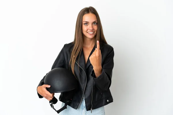 Woman Motorcycle Helmet Isolated White Background Doing Coming Gesture — Stock Photo, Image