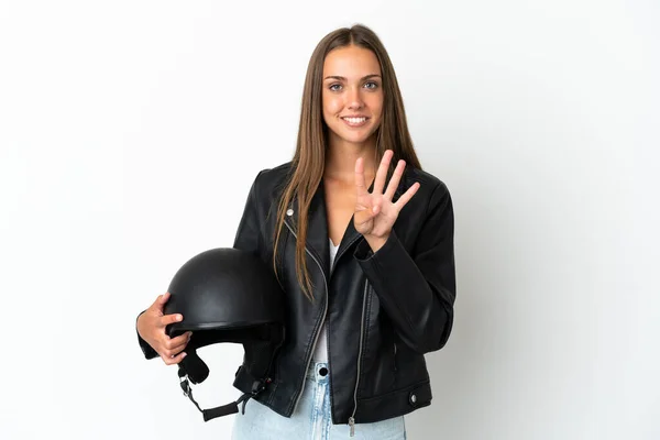 Woman Motorcycle Helmet Isolated White Background Happy Counting Four Fingers — Stock fotografie
