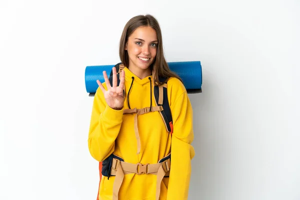 Giovane Alpinista Donna Con Grande Zaino Sfondo Bianco Isolato Felice — Foto Stock