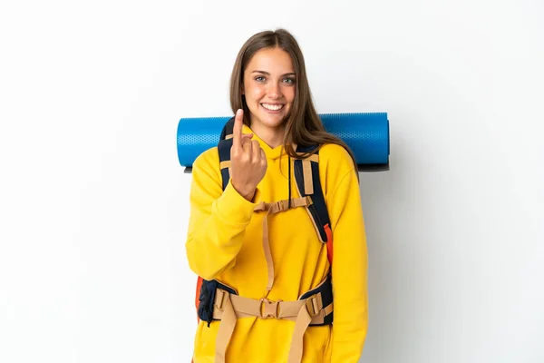 Young Mountaineer Woman Big Backpack Isolated White Background Doing Coming — Stock Photo, Image