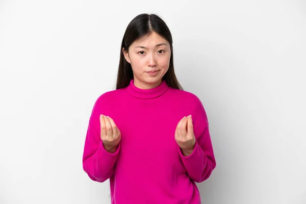 Ung Kinesisk Kvinna Isolerad Vit Bakgrund Gör Pengar Gest Men — Stockfoto