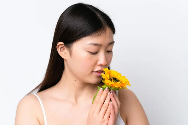 Young Chinese Woman Isolated White Background Holding Sunflower Close Portrait — Fotografia de Stock