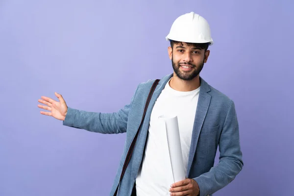 Young Architect Moroccan Man Helmet Holding Blueprints Isolated Background Extending — Φωτογραφία Αρχείου